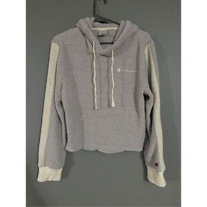 Champion Hoodie Sweatshirt Pull Over Gray Ivory Cropped Teddy Size Large